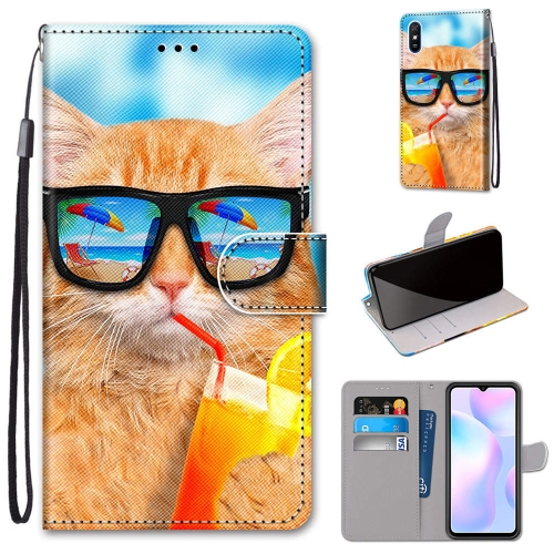 

For Xiaomi Redmi 9A Coloured Drawing Cross Texture Horizontal Flip PU Leather Case with Holder & Card Slots & Wallet & Lanyard(Cat Drinking Soda)
