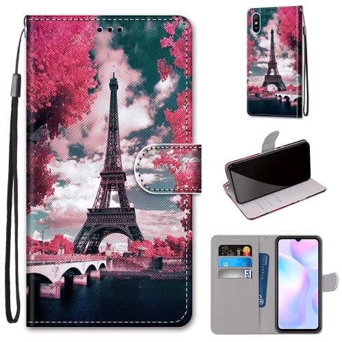 

For Xiaomi Redmi 9A Coloured Drawing Cross Texture Horizontal Flip PU Leather Case with Holder & Card Slots & Wallet & Lanyard(Pink Flower Tower Bridge)