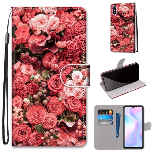 

For Xiaomi Redmi 9A Coloured Drawing Cross Texture Horizontal Flip PU Leather Case with Holder & Card Slots & Wallet & Lanyard(Pink Rose Garden)