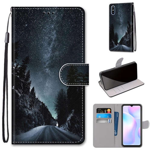 

For Xiaomi Redmi 9A Coloured Drawing Cross Texture Horizontal Flip PU Leather Case with Holder & Card Slots & Wallet & Lanyard(Mountain Road Starry Sky)