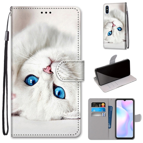 

For Xiaomi Redmi 9A Coloured Drawing Cross Texture Horizontal Flip PU Leather Case with Holder & Card Slots & Wallet & Lanyard(White Kitten)