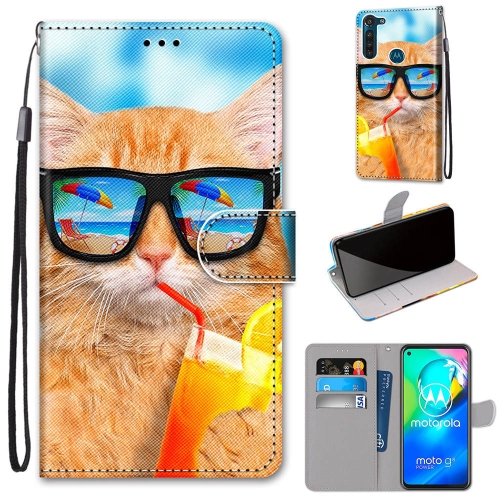 

For Motorola Moto G8 Power Coloured Drawing Cross Texture Horizontal Flip PU Leather Case with Holder & Card Slots & Wallet & Lanyard(Cat Drinking Soda)