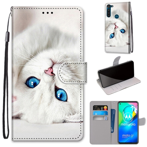 

For Motorola Moto G8 Power Coloured Drawing Cross Texture Horizontal Flip PU Leather Case with Holder & Card Slots & Wallet & Lanyard(White Kitten)