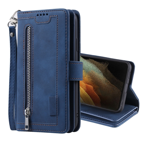 

For Samsung Galaxy S21 Ultra 5G Nine Card Zipper Bag Horizontal Flip Leather Case With Holder & Card Slots & Photo Frame & Wallet(Blue)
