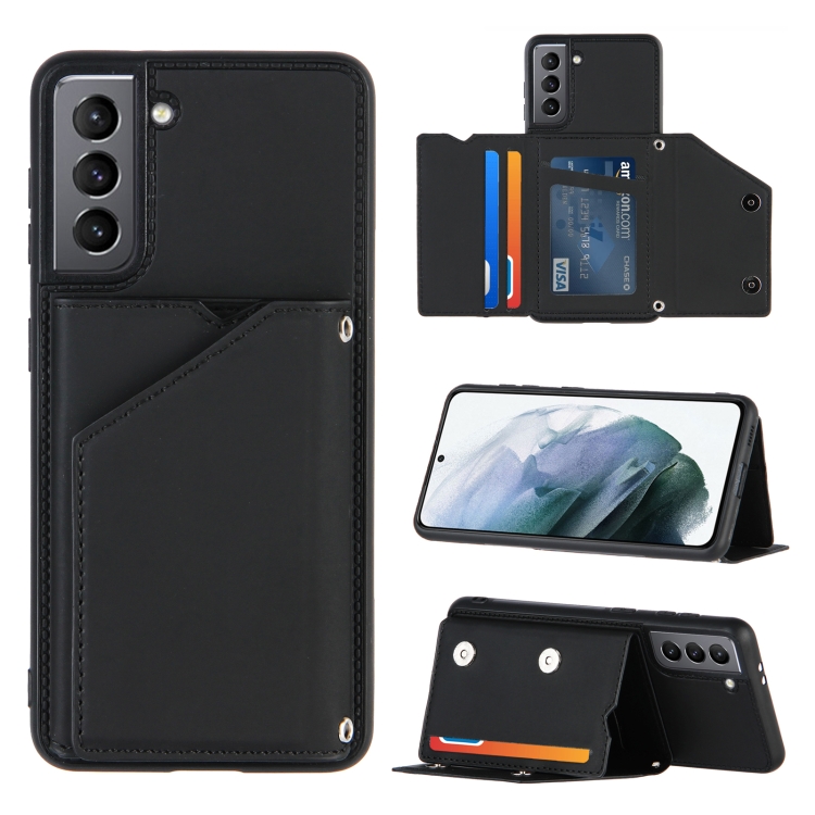 

For Samsung Galaxy S21 5G Skin Feel PU + TPU + PC Back Cover Shockproof Case with Card Slots & Holder & Photo Frame(Black)