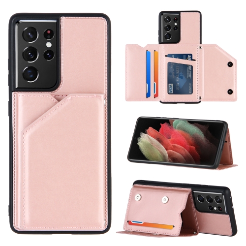 

For Samsung Galaxy S21 Ultra 5G Skin Feel PU + TPU + PC Back Cover Shockproof Case with Card Slots & Holder & Photo Frame(Rose Gold)