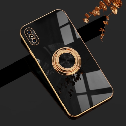 

For iPhone X / XS 6D Electroplating Full Coverage Silicone Protective Case with Magnetic Ring Holder(Black)