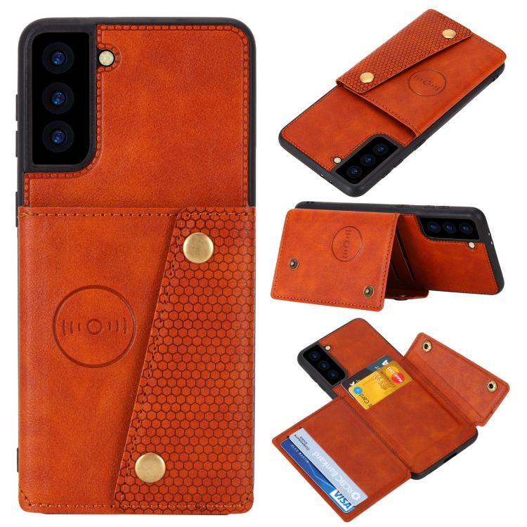 

For Samsung Galaxy S21 5G Double Buckle PU + TPU Shockproof Magnetic Protective Case with Card Slot & Holder(Brown)