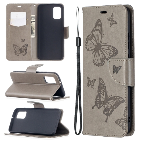 

For Samsung Galaxy A02s (EU Version) Embossing Two Butterflies Pattern Horizontal Flip PU Leather Case with Holder & Card Slot & Wallet & Lanyard(Grey)