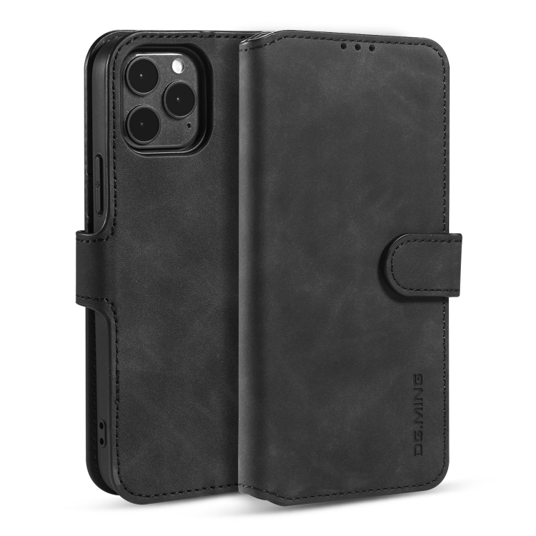 

DG.MING Retro Oil Side Horizontal Flip Case with Holder & Card Slots & Wallet For iPhone 12 / 12 Pro(Black)