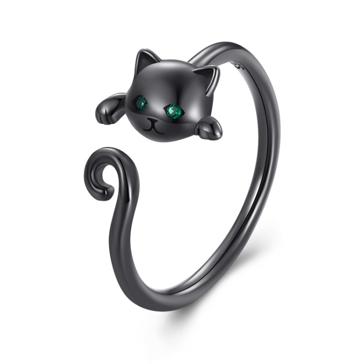 

S925 Sterling Silver Cute Cat Women Open Ring (Black)