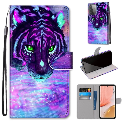 

For Samsung Galaxy A72 5G / 4G Coloured Drawing Cross Texture Horizontal Flip PU Leather Case with Holder & Card Slots & Wallet & Lanyard(Tiger Drinking Water)