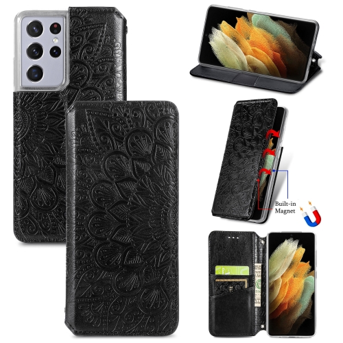 

For Samsung Galaxy S21 Ultra 5G Blooming Mandala Embossed Pattern Magnetic Horizontal Flip Leather Case with Holder & Card Slots & Wallet(Black)