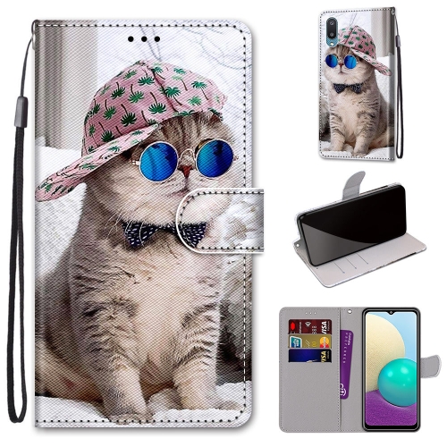 

For Samsung Galaxy A02 / M02 Coloured Drawing Cross Texture Horizontal Flip PU Leather Case with Holder & Card Slots & Wallet & Lanyard(Slant Hat Blue Mirror Cat)