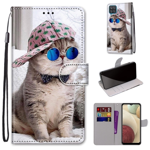 

For Samsung Galaxy A12 / M12 Coloured Drawing Cross Texture Horizontal Flip PU Leather Case with Holder & Card Slots & Wallet & Lanyard(Slant Hat Blue Mirror Cat)