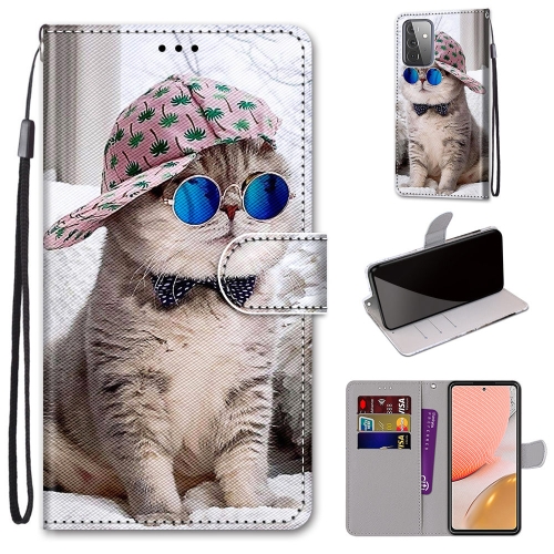 

For Samsung Galaxy A72 5G / 4G Coloured Drawing Cross Texture Horizontal Flip PU Leather Case with Holder & Card Slots & Wallet & Lanyard(Slant Hat Blue Mirror Cat)