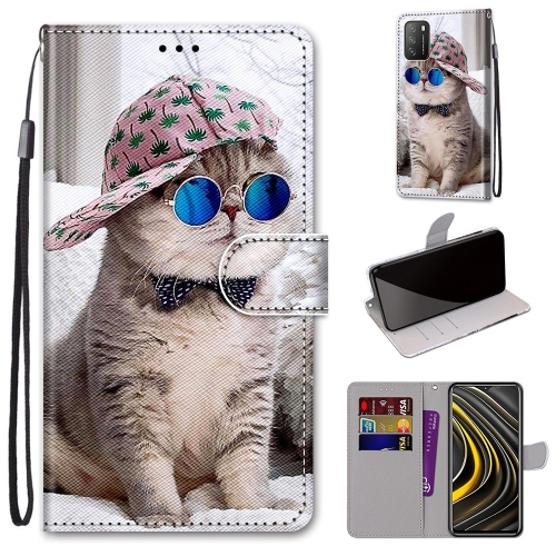 

For Xiaomi Poco M3 Coloured Drawing Cross Texture Horizontal Flip PU Leather Case with Holder & Card Slots & Wallet & Lanyard(Slant Hat Blue Mirror Cat)