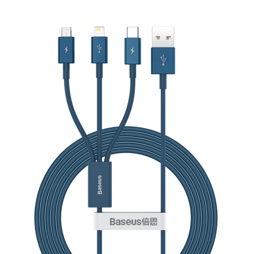 

Baseus Superior Series CAMLTYS-03 3 in 1 3.5A USB to 8 Pin + Micro USB + USB-C / Type-C Interface Fast Charging Data Cable, Cable Length: 1.5m(Blue)
