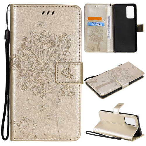 

For Samsung Galaxy A52 5G Tree & Cat Pattern Pressed Printing Horizontal Flip PU Leather Case with Holder & Card Slots & Wallet & Lanyard(Gold)