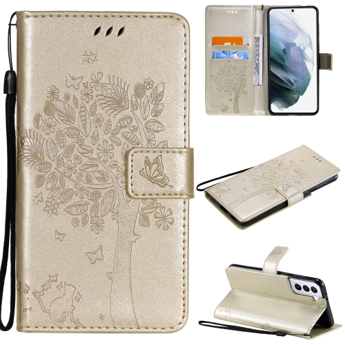 

For Samsung Galaxy S21 5G Tree & Cat Pattern Pressed Printing Horizontal Flip PU Leather Case with Holder & Card Slots & Wallet & Lanyard(Gold)