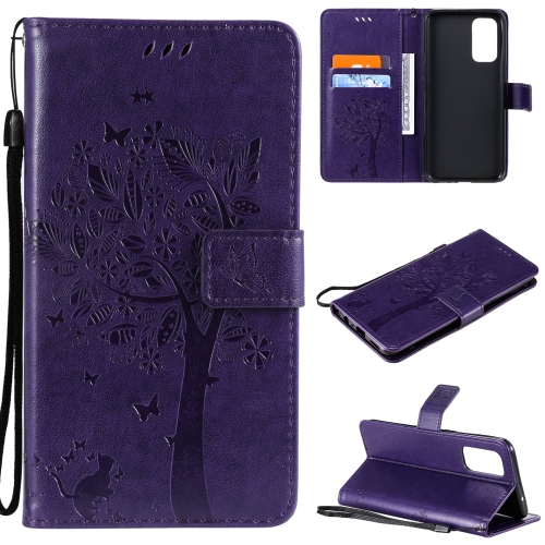 

For OPPO Reno5 5G Tree & Cat Pattern Pressed Printing Horizontal Flip PU Leather Case with Holder & Card Slots & Wallet & Lanyard(Purple)