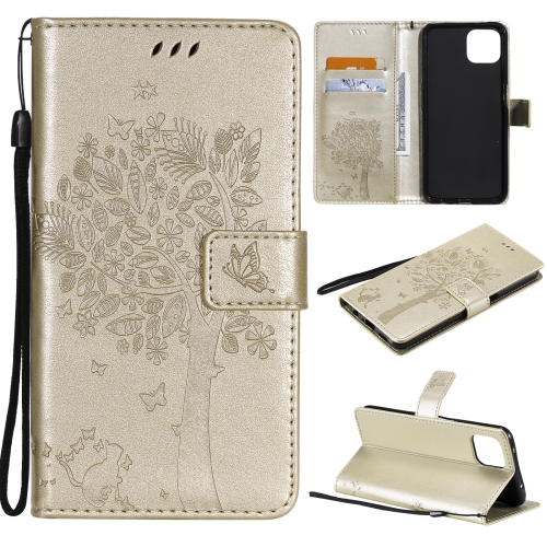 

For OPPO A73 5G Tree & Cat Pattern Pressed Printing Horizontal Flip PU Leather Case with Holder & Card Slots & Wallet & Lanyard(Gold)