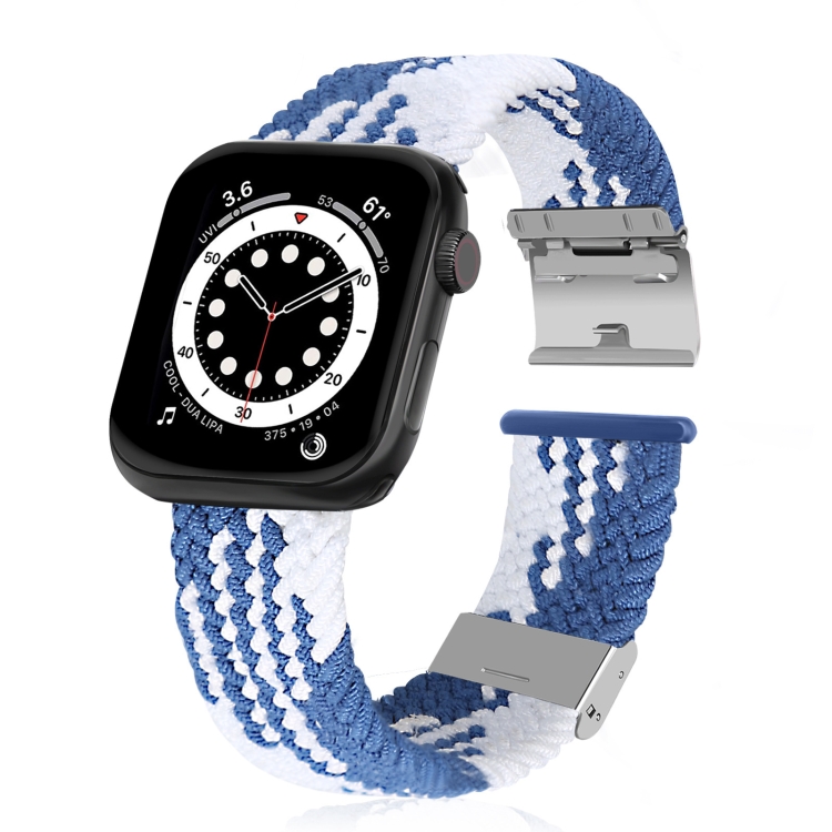 

Braided + Stainless Steel Watch Band For Apple Watch Series 7 45mm / 6 & SE & 5 & 4 44mm / 3 & 2 & 1 42mm(Vertical Blue White)
