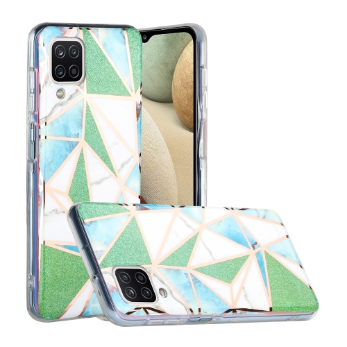 

For Samsung Galaxy A12 Flat Plating Splicing Gilding Protective Case(Green Triangle Body Color Matching)