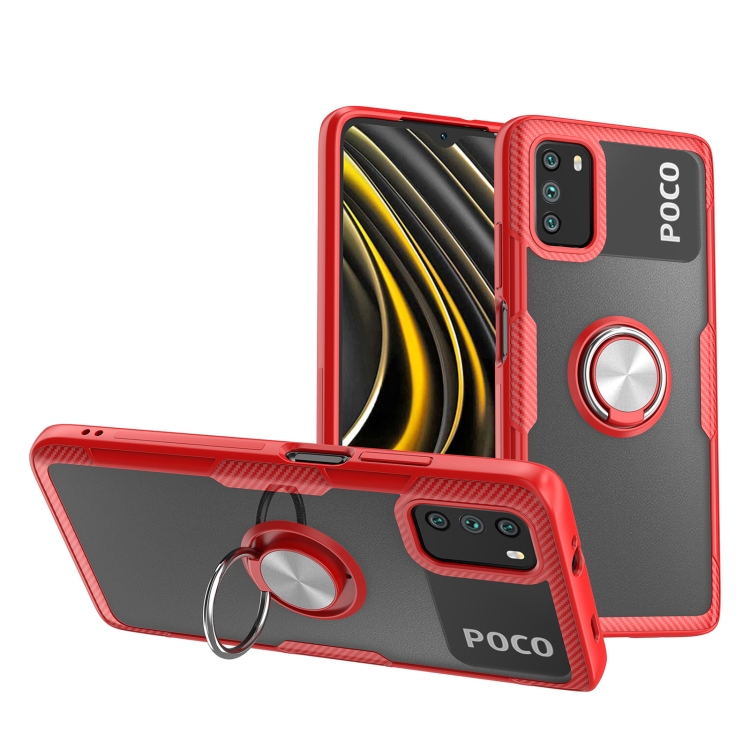 

For Xiaomi Poco M3 Shockproof Transparent TPU + Acrylic Protective Case with Ring Holder(Red)
