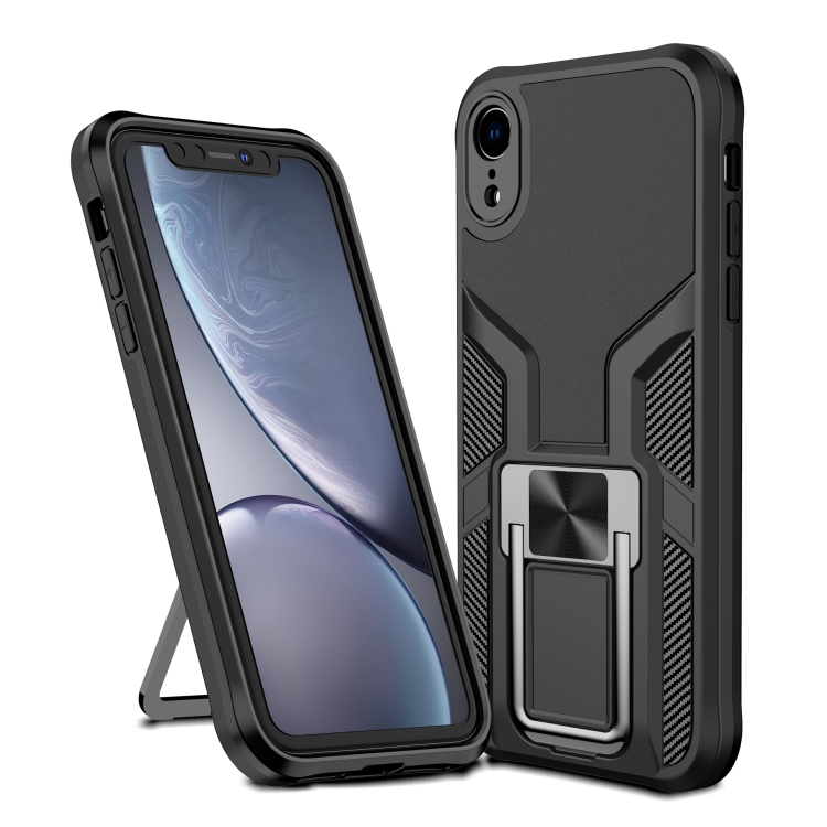 

For iPhone XR Armor 2 in 1 PC + TPU Magnetic Shockproof Case with Foldable Holder(Black)