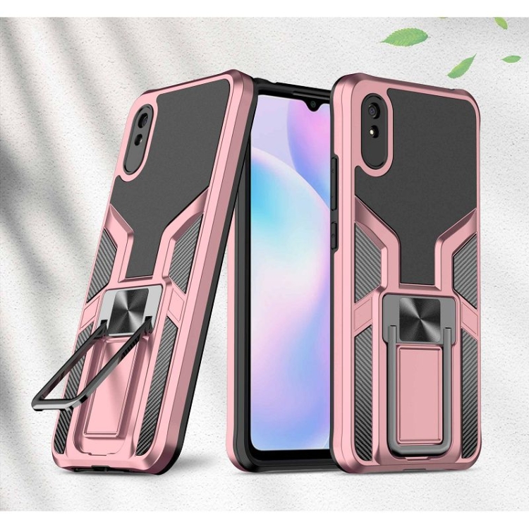 

For Xiaomi Redmi 9A Armor 2 in 1 PC + TPU Magnetic Shockproof Case with Foldable Holder(Rose Gold)