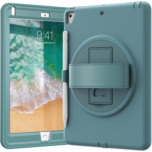

360 Degree Rotation PC+TPU Protective Cover with Holder & Hand Strap & Pen Slot For Apple iPad 9.7 (2018) & (2017) / Pro 9.7 / Air 2 / Air (Emerald Blue)