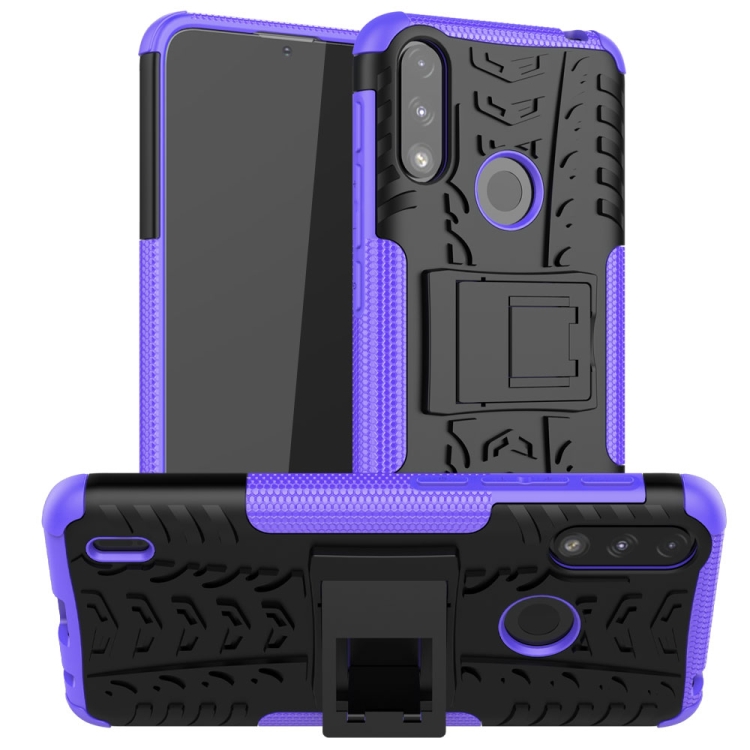 

For Motorola Moto E7 Power Tire Texture Shockproof TPU+PC Protective Case with Holder(Purple)