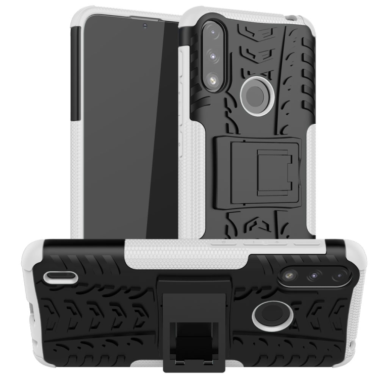 

For Motorola Moto E7 Power Tire Texture Shockproof TPU+PC Protective Case with Holder(White)