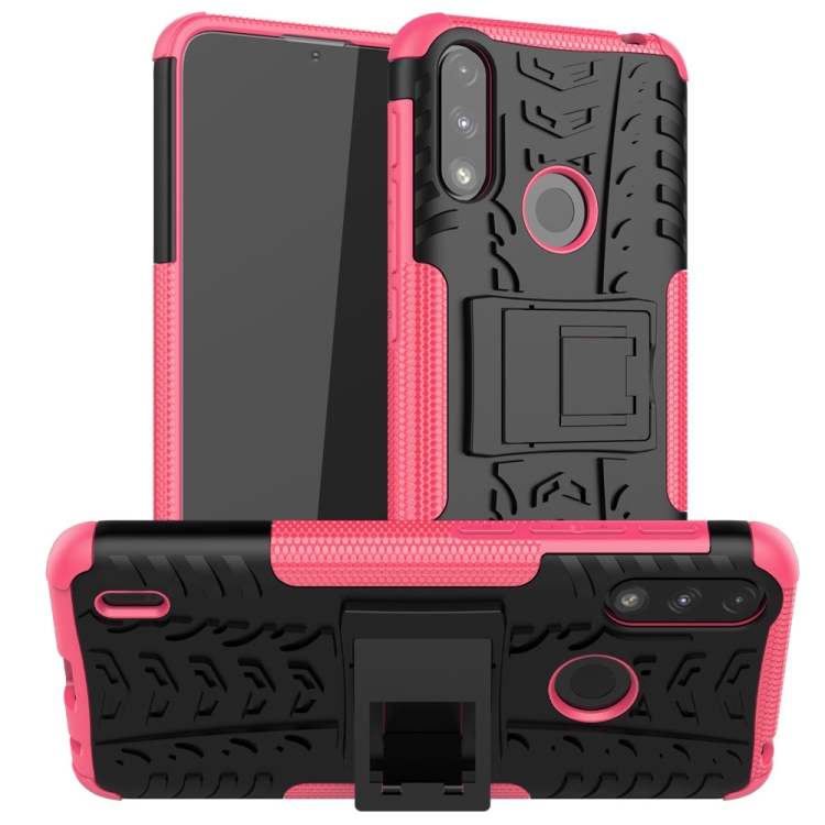 

For Motorola Moto E7 Power Tire Texture Shockproof TPU+PC Protective Case with Holder(Pink)