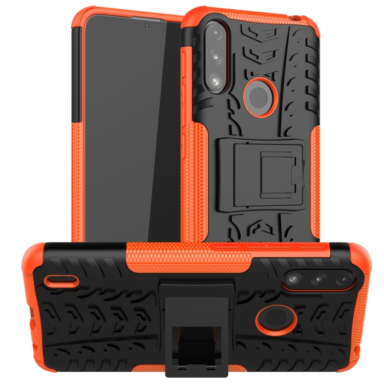 

For Motorola Moto E7 Power Tire Texture Shockproof TPU+PC Protective Case with Holder(Orange)