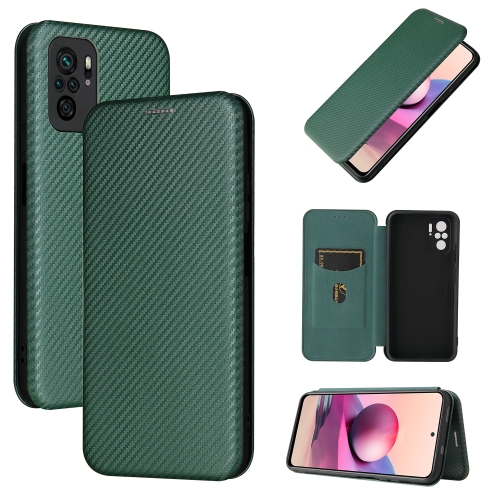 

For Xiaomi Redmi Note 10S Carbon Fiber Texture Magnetic Horizontal Flip TPU + PC + PU Leather Case with Card Slot(Green)