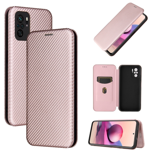 

For Xiaomi Redmi Note 10S Carbon Fiber Texture Magnetic Horizontal Flip TPU + PC + PU Leather Case with Card Slot(Pink)