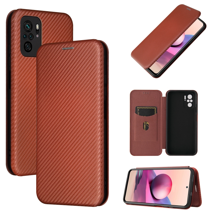 

For Xiaomi Redmi Note 10 Pro Carbon Fiber Texture Magnetic Horizontal Flip TPU + PC + PU Leather Case with Card Slot(Brown)