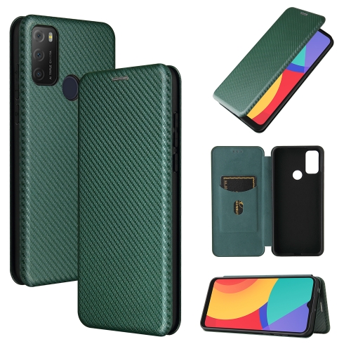 For alcatel 1S (2021) Carbon Fiber Texture Magnetic Horizontal Flip TPU + PC + PU Leather Case with Card Slot(Green)