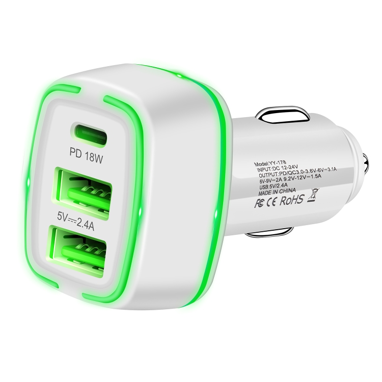 

YY-178 Dual USB + PD 18W USB-C / Type-C Three-port Fast Charging Car Charger with Green Luminous Aperture(White)