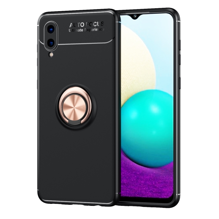 

For Samsung Galaxy A02 Metal Ring Holder 360 Degree Rotating TPU Case(Black+Rose Gold)