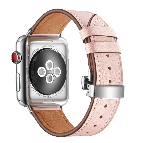 

Genuine Leather + Butterfly Silver Buckle Watch Band For Apple Watch Series 7 45mm / 6 & SE & 5 & 4 44mm / 3 & 2 & 1 42mm(Pink)