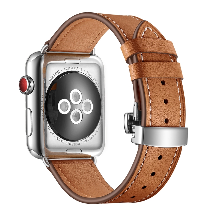 

Genuine Leather + Butterfly Silver Buckle Watch Band For Apple Watch Series 7 45mm / 6 & SE & 5 & 4 44mm / 3 & 2 & 1 42mm(Brown)