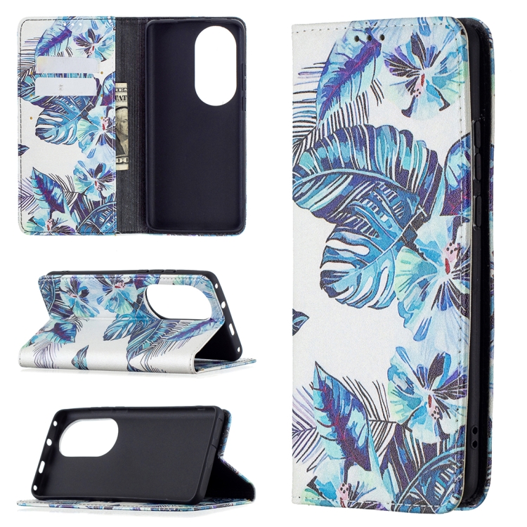 

For Huawei P50 Pro Colored Drawing Pattern Invisible Magnetic Horizontal Flip PU Leather Case with Holder & Card Slots & Wallet(Blue Leaves)