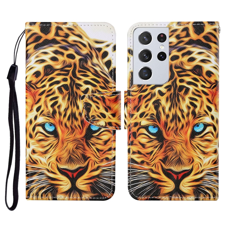 

For Samsung Galaxy S21 Ultra 5G Colored Drawing Pattern Horizontal Flip Leather Case with Holder & Card Slots & Wallet & Lanyard(Yellow Leopard)