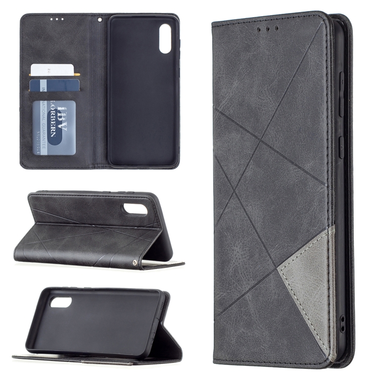 

For Samsung Galaxy A02 Rhombus Texture Horizontal Flip Magnetic Leather Case with Holder & Card Slots(Black)