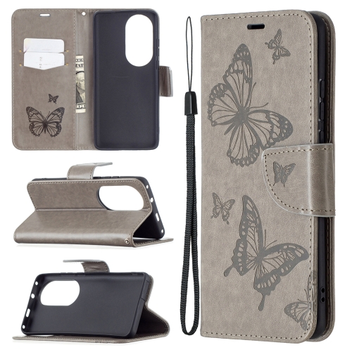 

For Huawei P50 Pro Two Butterflies Embossing Pattern Horizontal Flip Leather Case with Holder & Card Slot & Wallet & Lanyard(Grey)