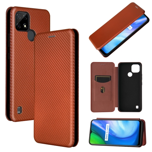 

For Realme C21 Carbon Fiber Texture Magnetic Horizontal Flip TPU + PC + PU Leather Case with Card Slot(Brown)