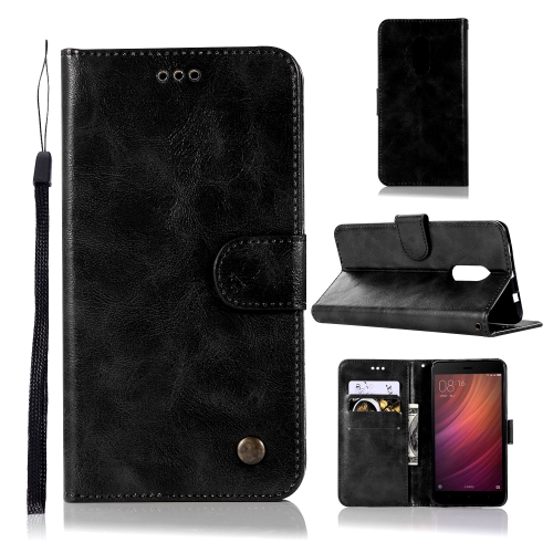 

For Xiaomi Redmi Note 4 Retro Copper Button Crazy Horse Horizontal Flip PU Leather Case with Holder & Card Slots & Wallet & Lanyard(Black)